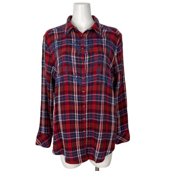 Free People Magical Plaid Button Down Shirt S Red Blue Plaid Embroidered Fall - Picture 1 of 12